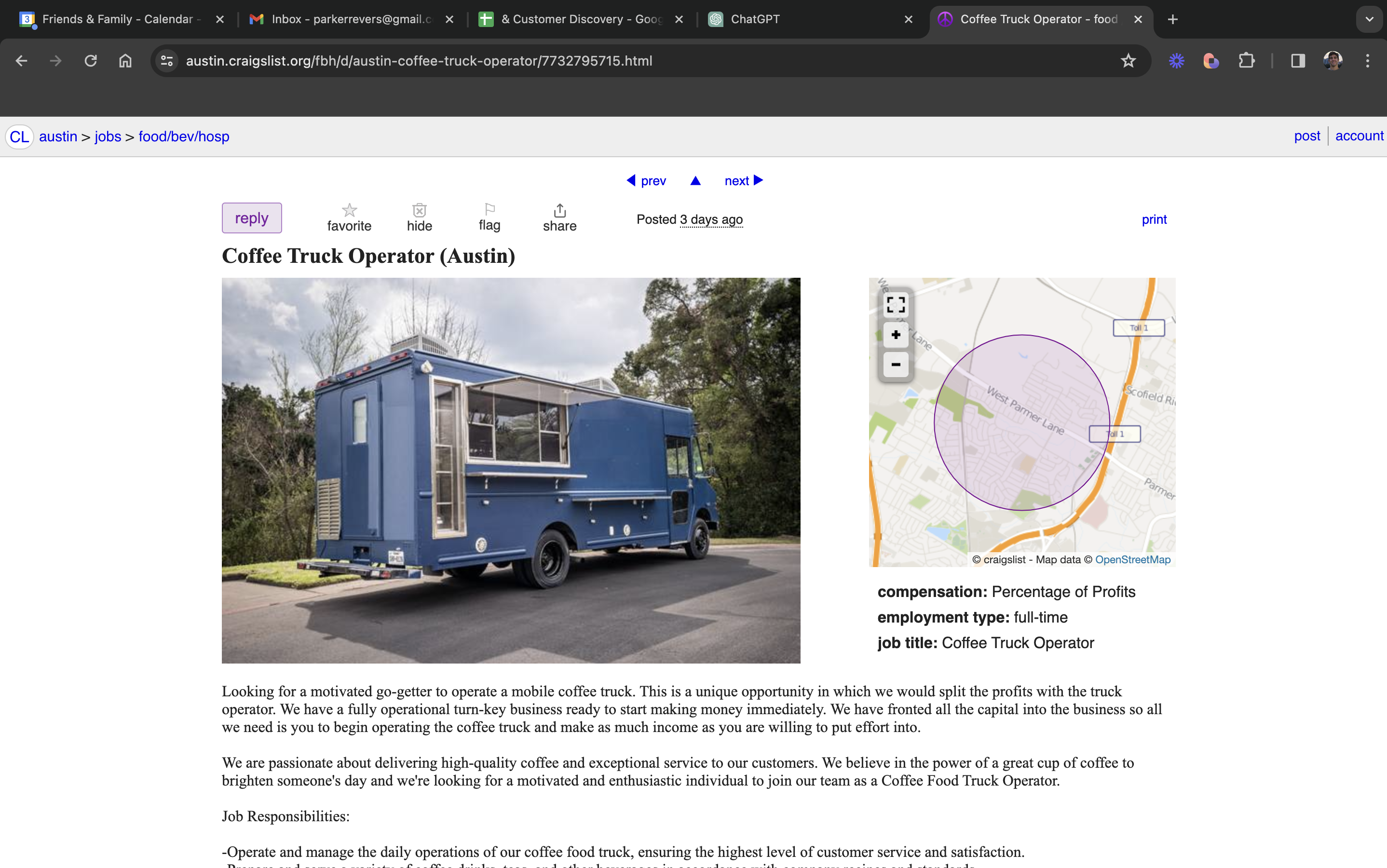 Coffee truck listing screenshot